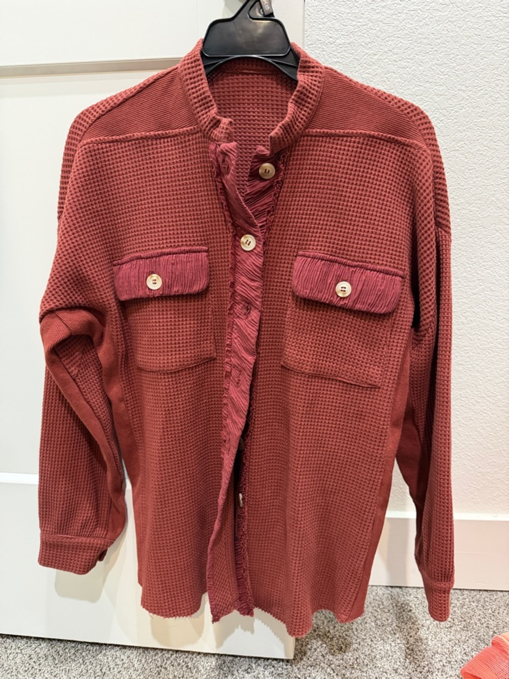 Textured Button-Up Shacket in Brick Red Womens Small Oversized